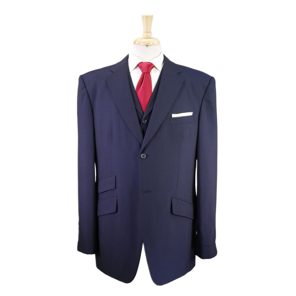 Custom Tailored Navy Blue Tonestripe 3-Piece Wool 2-Btn British Style Suit 44L